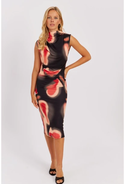 Kadın Mercan-Antrasit Büzgülü Midi Elbise NÇ520