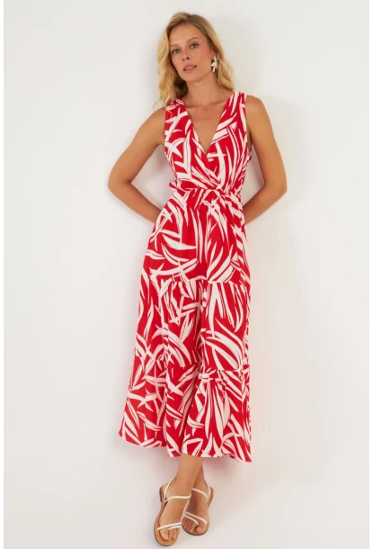 Kadın Mercan Desenli Kruvaze Midi Elbise YZ634