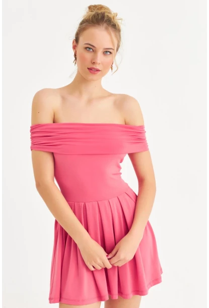 Kadın Mercan Madonna Yaka Mini Elbise MON1262-1