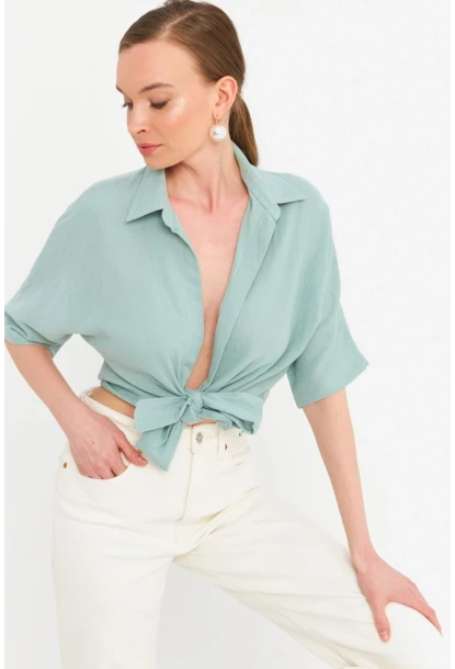 Kadın Mint Bağlamalı Keten Bluz BTH16