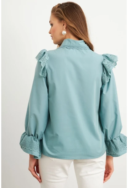 Kadın Mint Bebe Yaka Dantelli Gömlek MQS1839