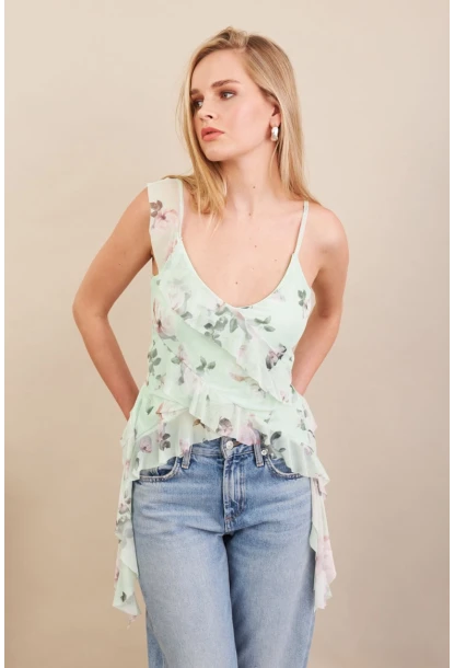 Kadın Mint Desenli Fırfırlı Şifon Bluz FS033