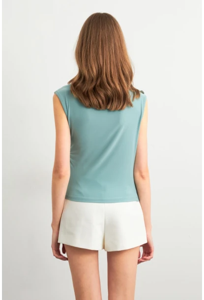 Kadın Mint Düğme Detaylı Büzgülü Bluz LPP1205-1