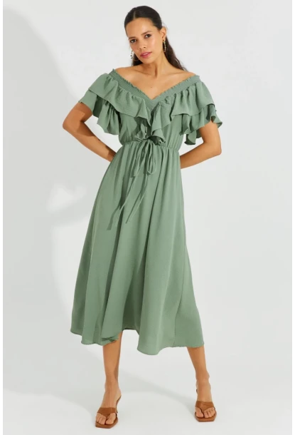 Kadın Mint Ön Arka V Volanlı Elbise KS113