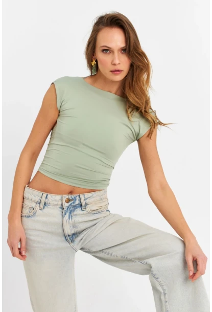 Kadın Mint Sırtı Açık Crop Bluz ZH083