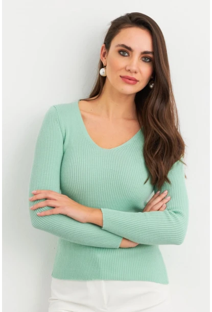 Kadın Mint V Yaka Triko Bluz YV284