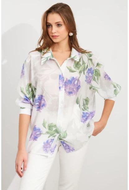 Kadın Mor Çiçek Desenli İnce Keten Gömlek MCAR1068