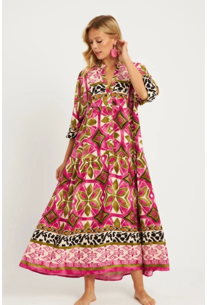 Kadın Mor Desenli Midi Elbise MGÇ169