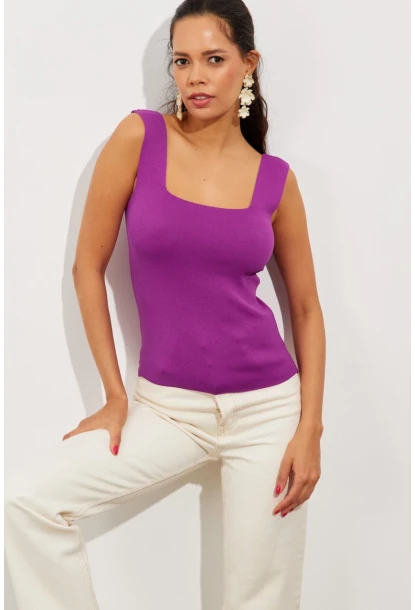 Kadın Mor Kare Yaka Triko Bluz YV87