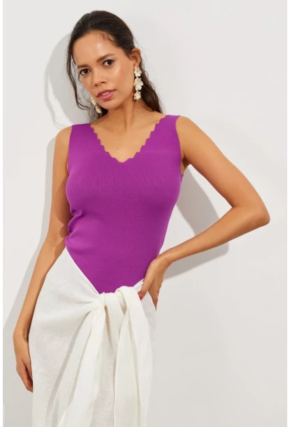 Kadın Mor Merdiven Yaka Triko Bluz YV83