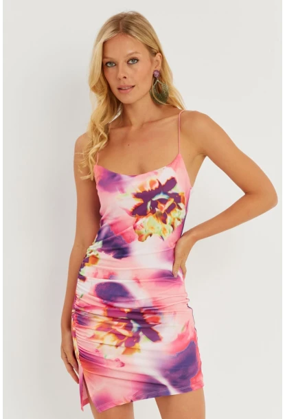 Kadın Multi Desenli Büzgülü Mini Elbise AYD312