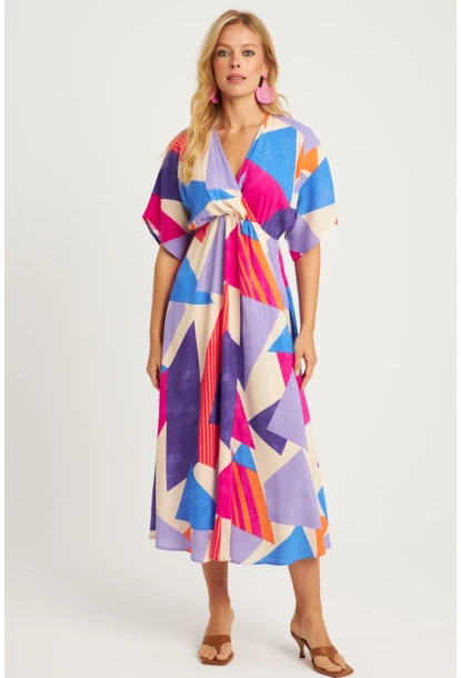 Kadın Multi Desenli Kruvaze Midi Elbise HT108