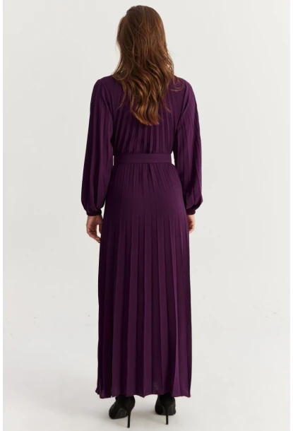 Kadın Mürdüm Kemerli Plili Maxi Elbise ALZ500