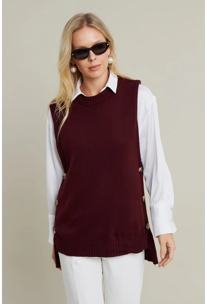 Kadın Mürdüm Yanları Düğmeli Kolsuz Triko Tunik MYV75