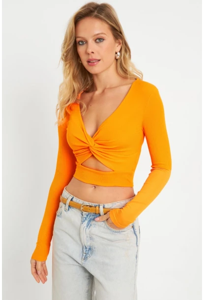Kadın Önü Düğümlü Crop Bluz Turuncu AYD287