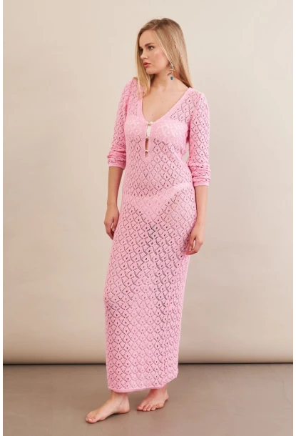 Kadın Pembe Aksesuarlı Triko Plaj Elbisesi KZ3237-90