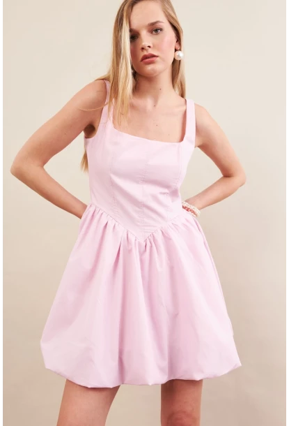 Kadın Pembe Askılı Mini Balon Elbise ERL105