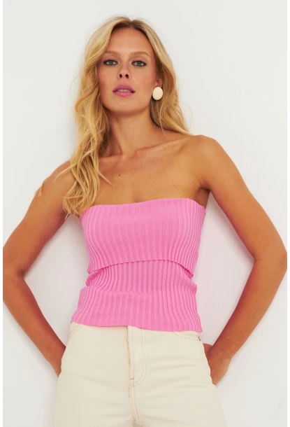 Kadın Pembe-Beyaz İkili Straplez Triko Bluz YV272
