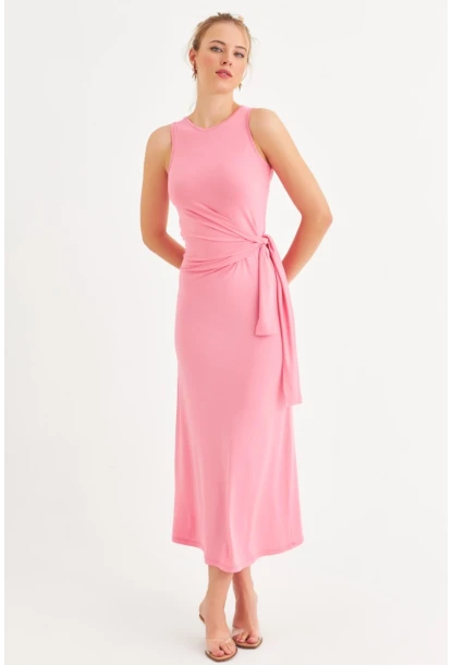 Kadın Pembe Büzgülü Kolsuz Midi Elbise TF75