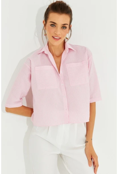 Kadın Pembe Çizgili Kısa Gömlek MİW1290