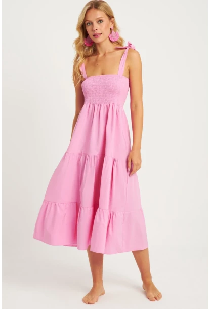 Kadın Pembe Gipeli Volanlı Midi Elbise SGT407
