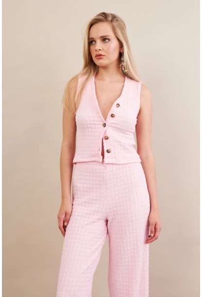 Kadın Pembe Gofre Yelek Pantalon Takım FLU330