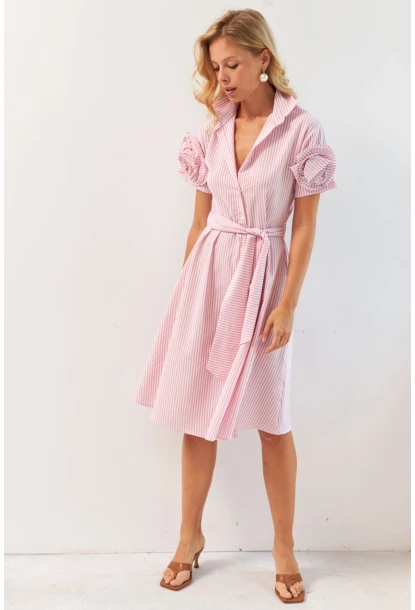 Kadın Pembe Gül Detaylı Midi Gömlek Elbise SF12812