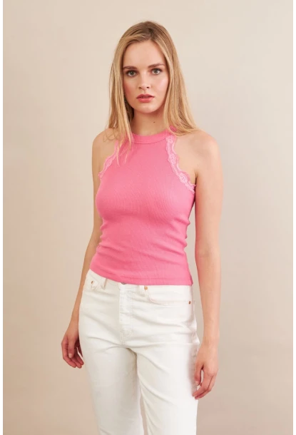 Kadın Pembe Halter Yaka Dantelli Bluz MK04