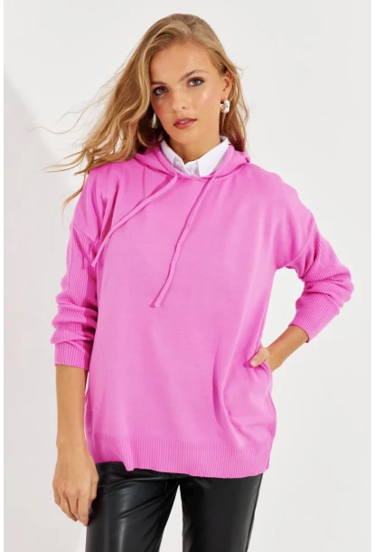 Kadın Pembe Kapüşonlu Cepli Triko Kazak YZ520