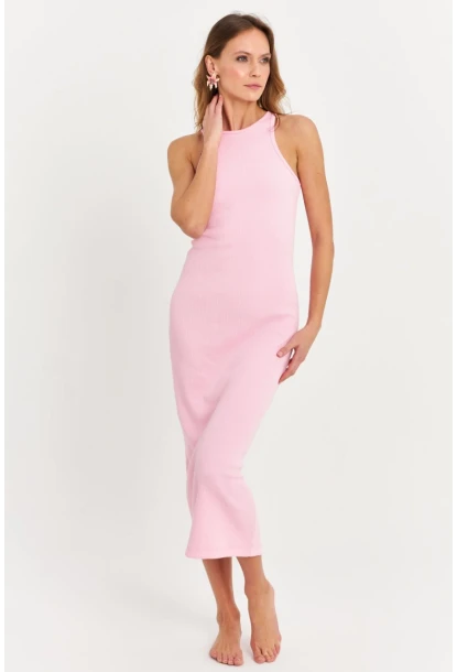 Kadın Pembe Kolsuz Kaşkorse Midi Elbise EY3049