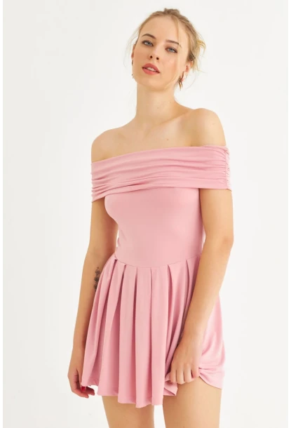 Kadın Pembe Madonna Yaka Midi Elbise MON1262-1