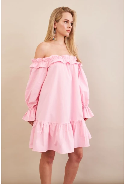 Kadın Pembe Madonna Yaka Midi Elbise PSG1012