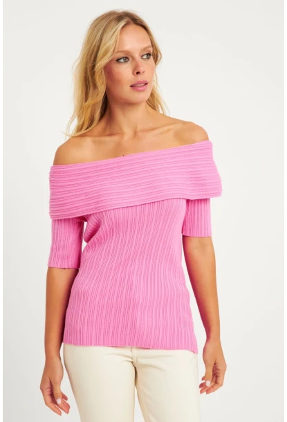 Kadın Pembe Madonna Yaka Triko Bluz KZ538