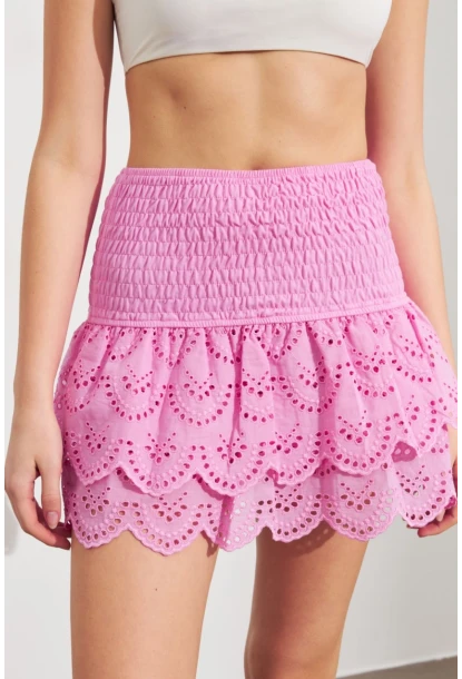 Kadın Pembe Nakışlı Mini Etek ZH111