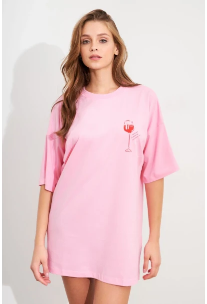 Kadın Pembe Oversize Pijama T-Shirt TPG14