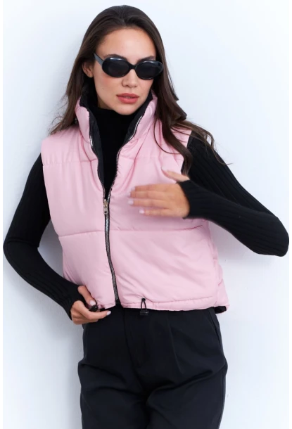 Kadın Pembe-Siyah Çift Taraflı Şişme Kısa Yelek MX12