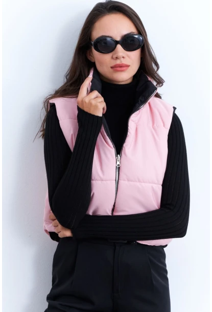 Kadın Pembe-Siyah Çift Taraflı Şişme Kısa Yelek MX12