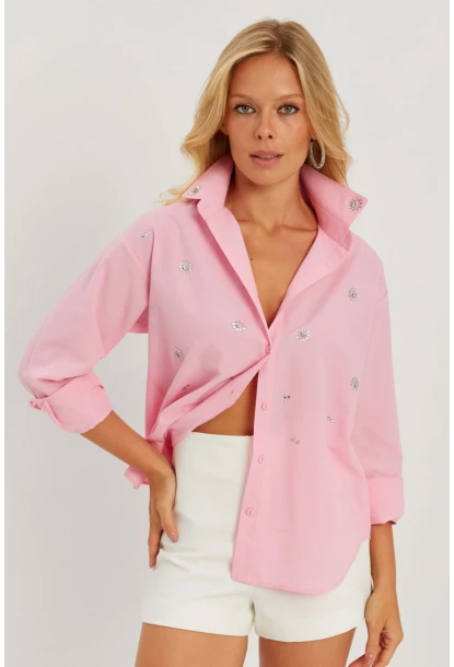 Kadın Pembe Taşlı Gömlek SF2550