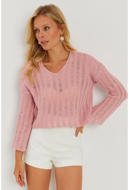 Kadın Pembe V Yaka Ajurlu Triko Bluz YV233