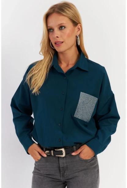 Kadın Petrol Cepli Taşlı Gömlek MZER414