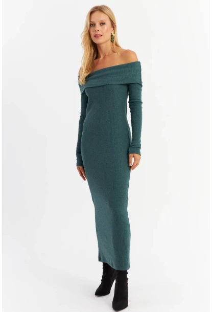 Kadın Petrol Madonna Yaka Kaşkorse Maxi Elbise HOL1