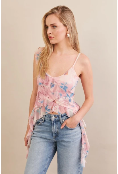 Kadın Pudra Desenli Fırfırlı Şifon Bluz FS033