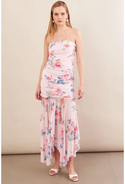 Kadın Pudra Drapeli Straplez Midi Tül Elbise ERL101