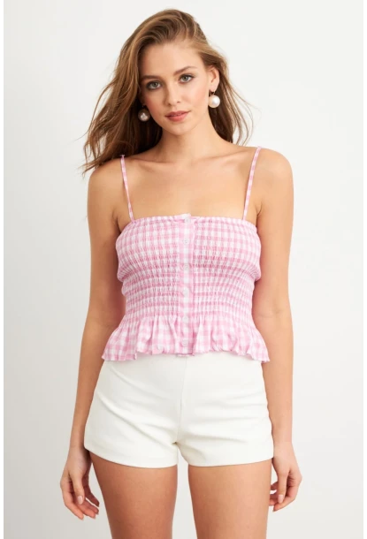 Kadın Pudra Ekose Lastikli Crop Bluz MTK13397