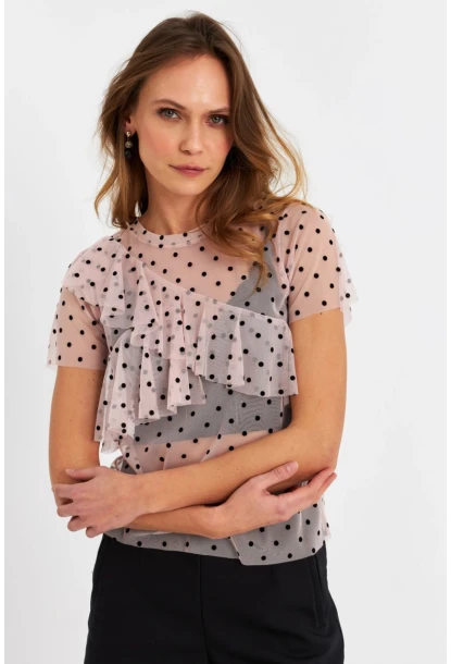 Kadın Pudra-Siyah Puantiyeli Tül Bluz ZH029