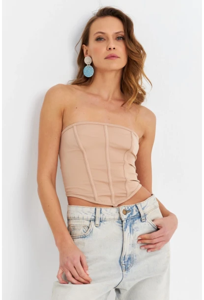 Kadın Pudra Straplez Crop Bluz B6081