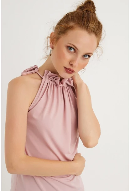 Kadın Pudra Yakası Fırfırlı Kolsuz Bluz BTH01