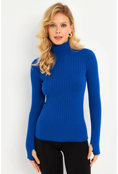 Kadın Saks Balıkçı Yaka Eldivenli Triko Bluz HNT03