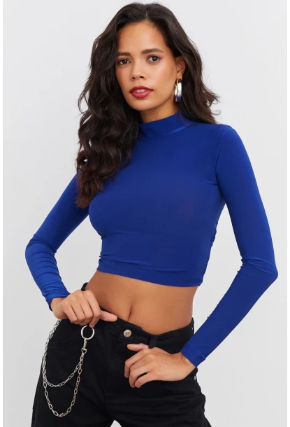 Kadın Saks Beli Açık Crop Bluz GÇ115