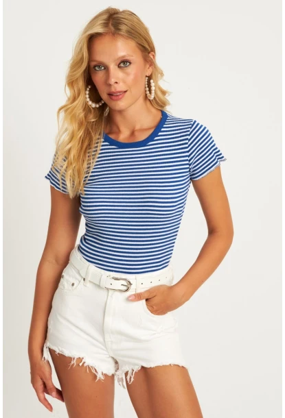 Kadın Saks-Beyaz Çizgili Bluz XL2005